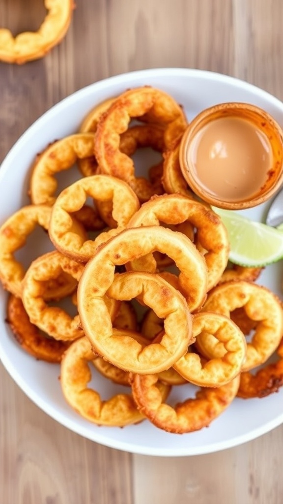 Crispy low carb onion ring chips served with dipping sauce on a rustic table.